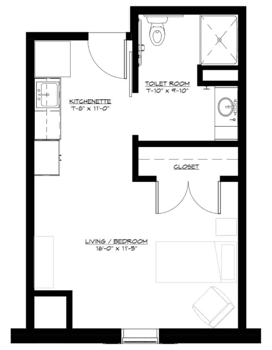 A floor plan of a compact studio apartment with designated areas for living, kitchen, and bathroom.