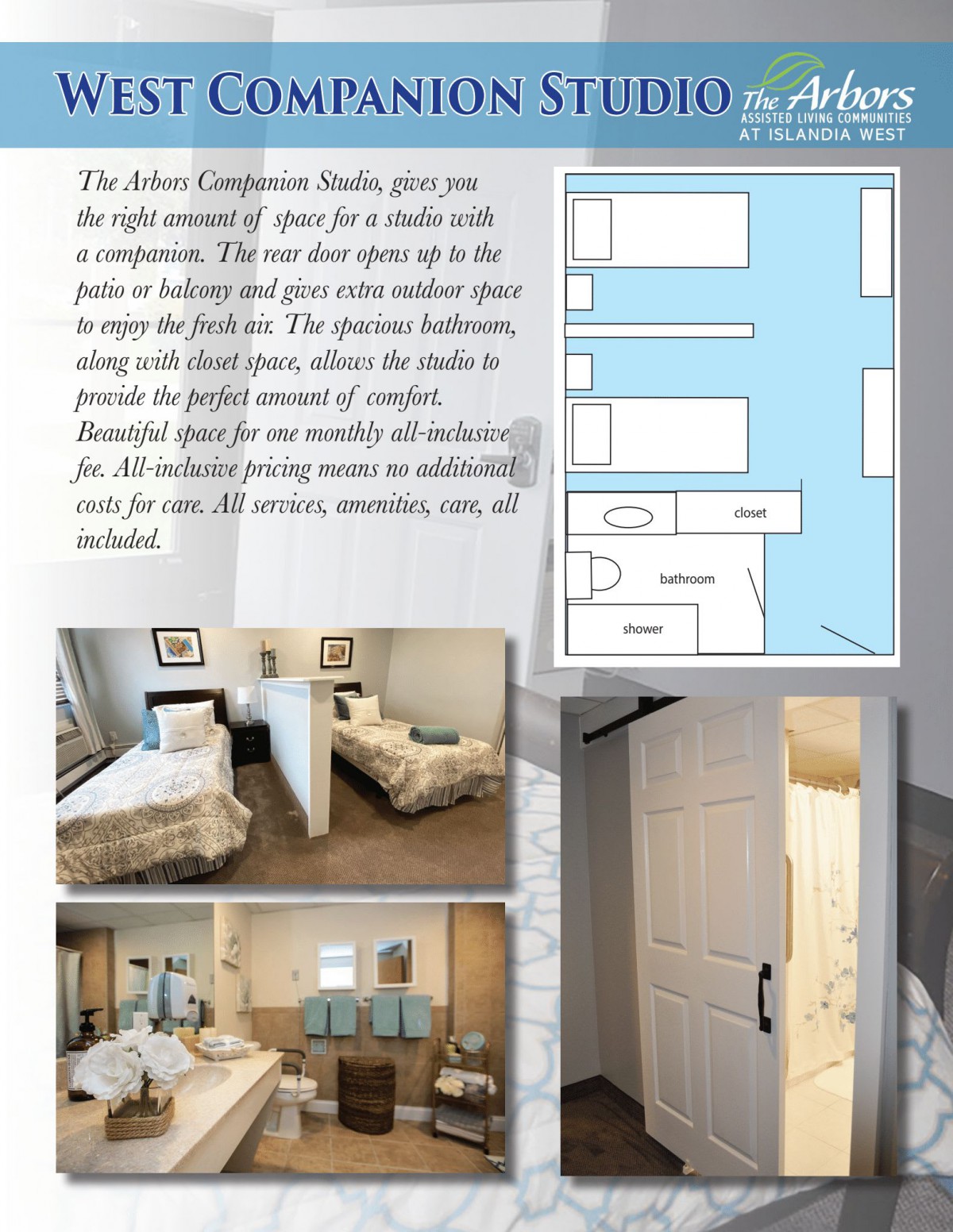 A promotional layout featuring the design and amenities of a compact studio apartment, complete with a floor plan and interior photos.