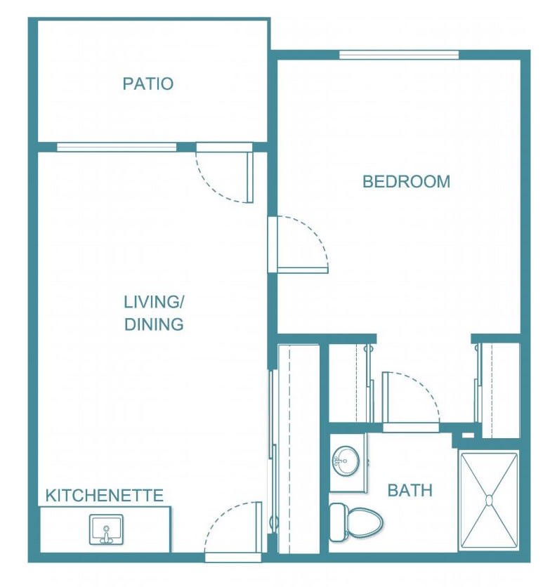 A simple floor plan of a one-bedroom apartment, including a kitchenette, living/dining area, bathroom, and patio.