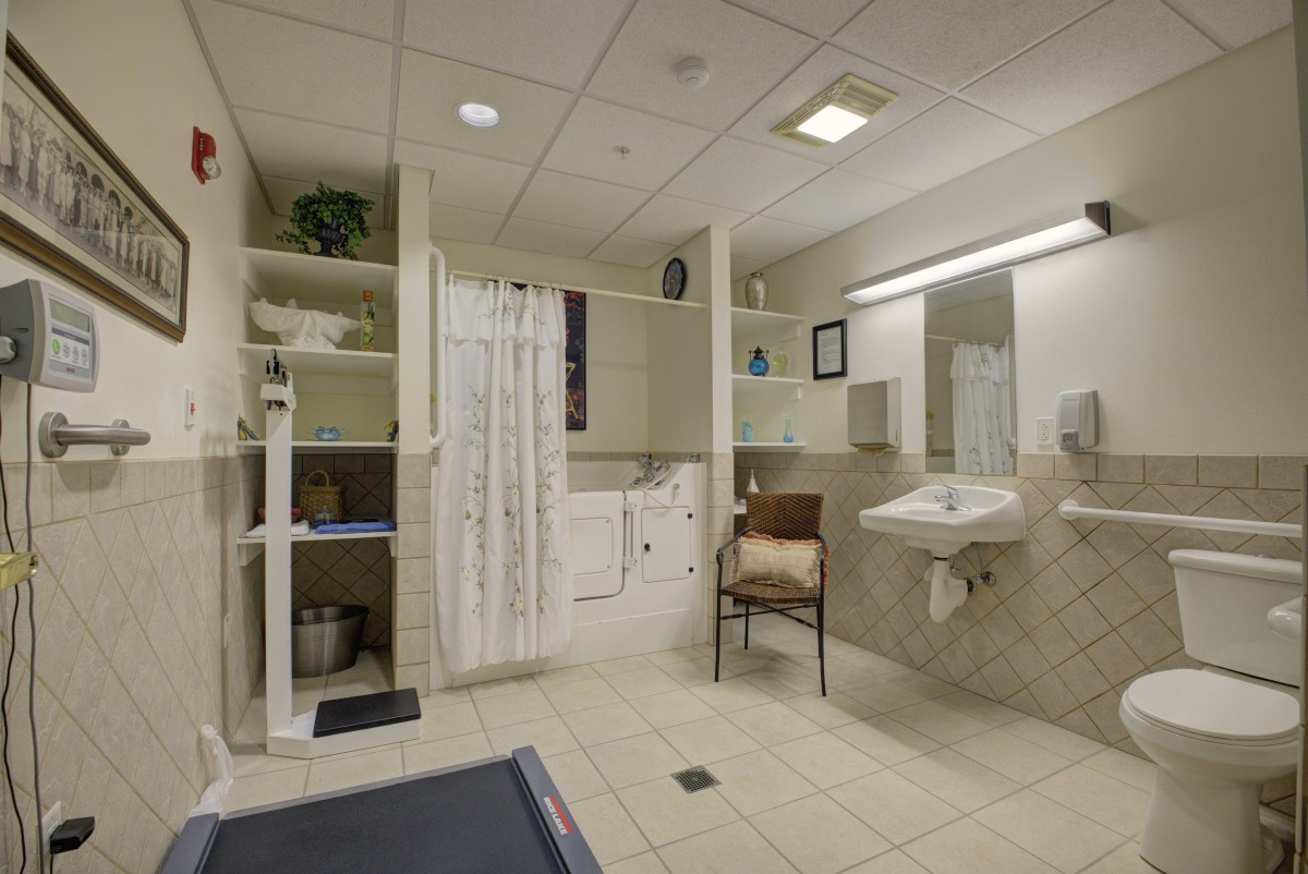 An accessible bathroom with a shower, sink, and safety features.