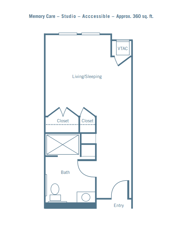 Studio apartment floor plan with designated living, closet, and bathroom areas.