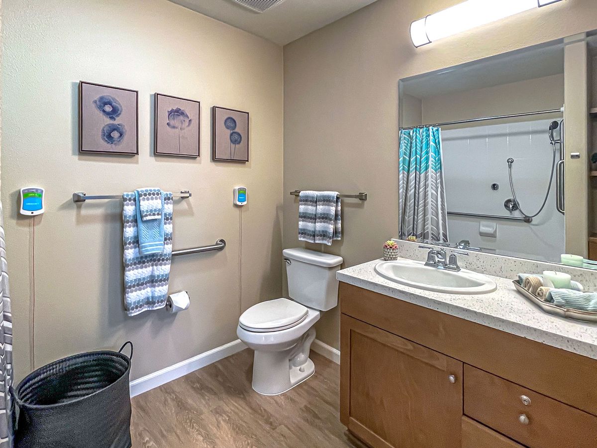 A modern bathroom with a toilet, sink, mirror, and decorative towels on display.