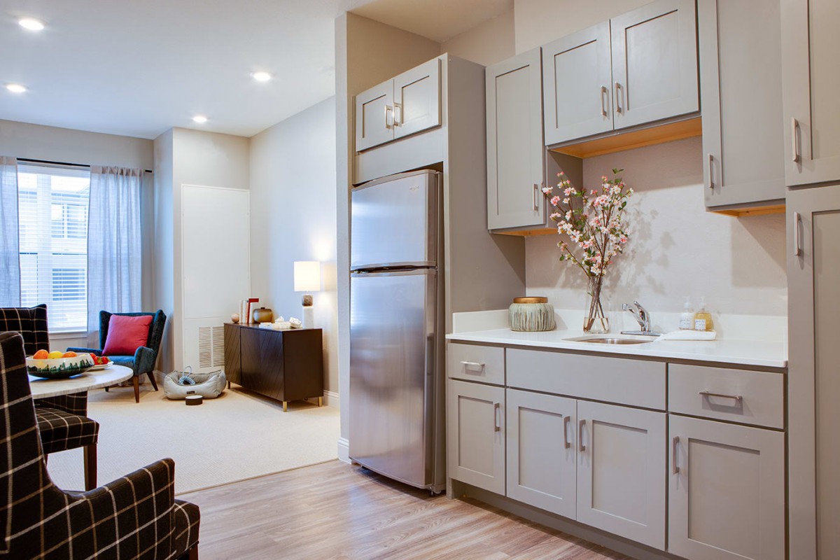 A modern kitchen with stainless steel appliances and adjacent living area.
