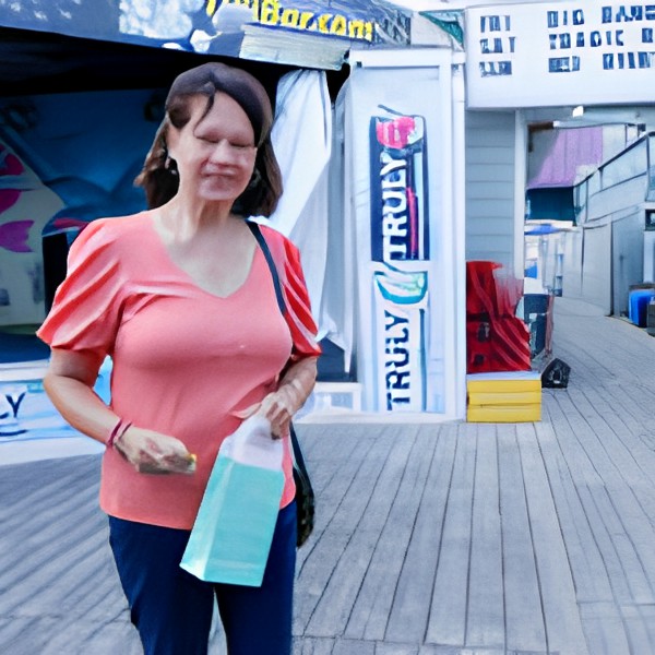 A woman stands on a boardwalk holding a shopping bag in front of a store.
