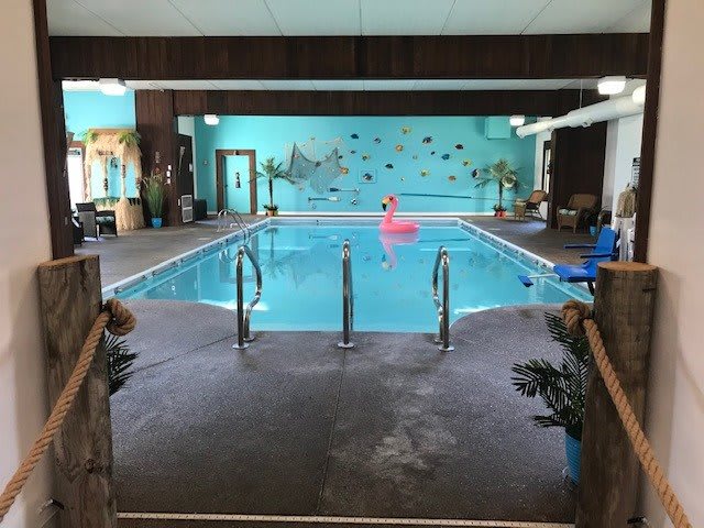 An indoor swimming pool with tropical decor and an inflatable toy.