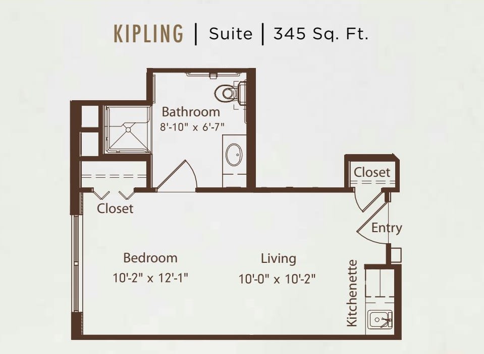 A floor plan layout of the Kipling Suite, measuring 345 square feet.