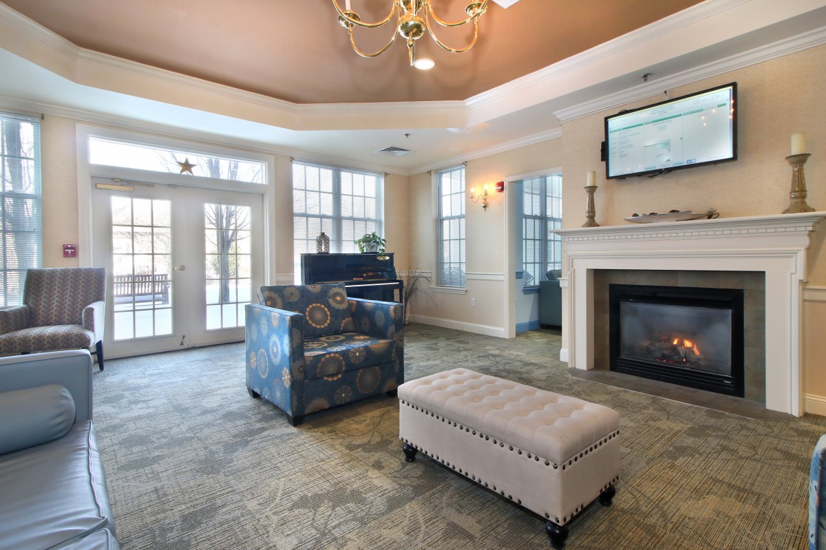 A cozy living room with a fireplace, plush seating, and elegant decor.
