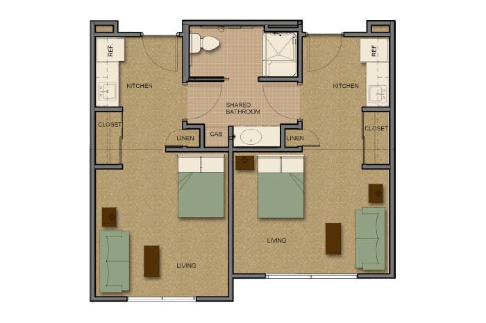 A floor plan depicting a two-bedroom apartment with a shared bathroom, living room, and kitchen.