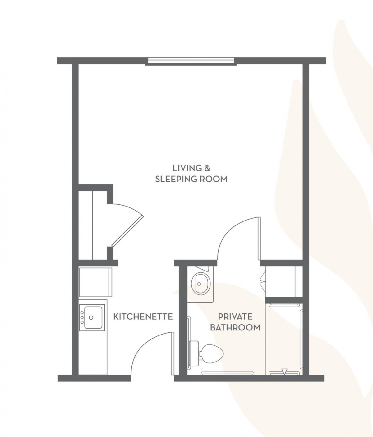 Studio apartment floor plan with living and sleeping area, kitchenette, and private bathroom.