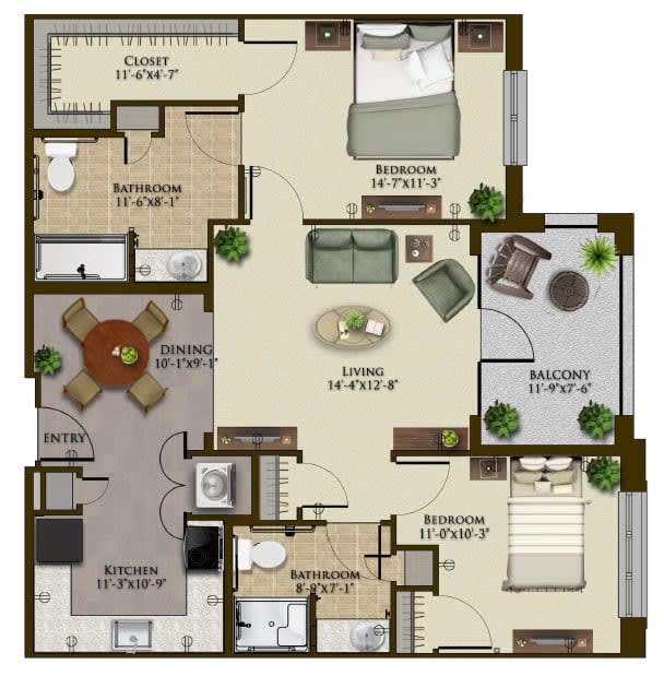 An apartment floor plan showing two bedrooms, a living room, kitchen, dining area, bathroom, and balcony.