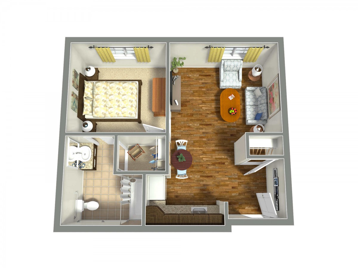 A 3D floor plan of a one-bedroom apartment featuring a kitchen, living room, bedroom, and bathroom.