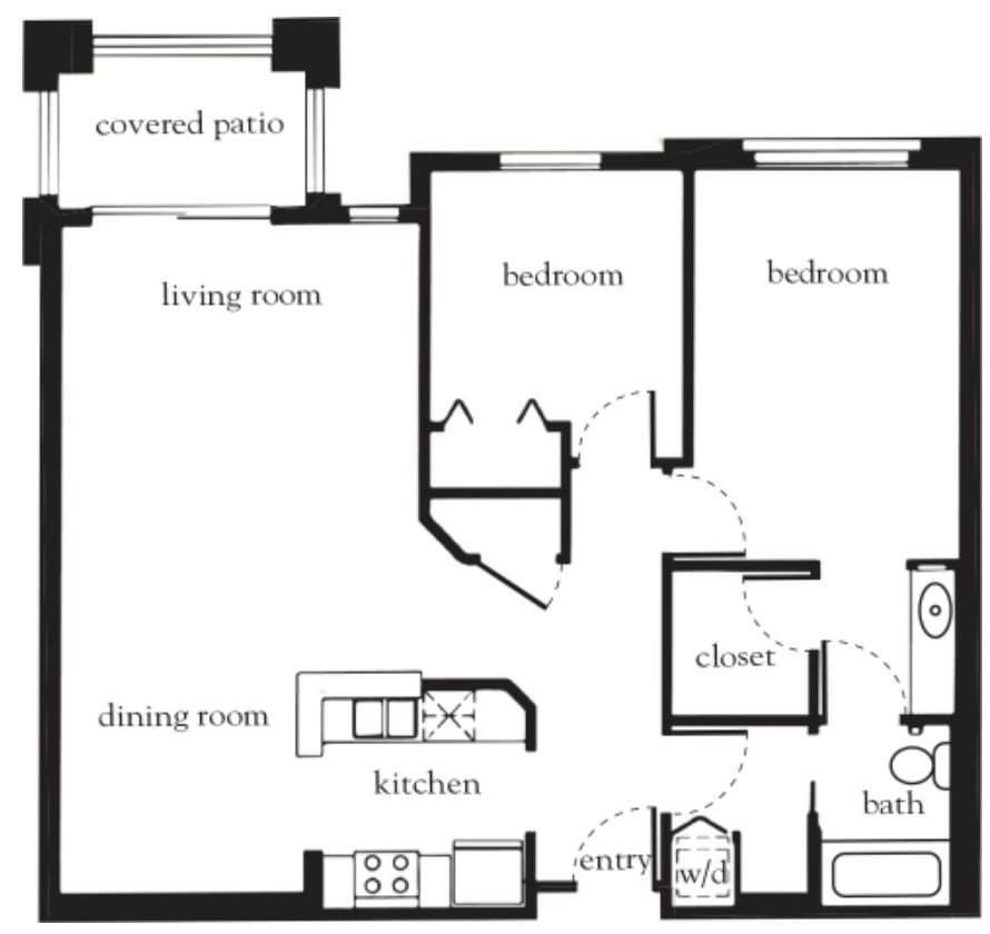 A two-bedroom apartment floor plan with labeled living areas.