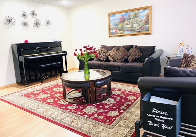 A cozy living room featuring a dark sofa with pillows, a piano, and a coffee table on an ornate red rug.