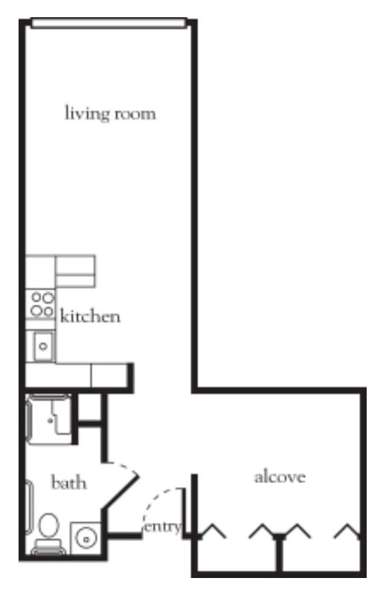 A basic studio apartment floor plan with designated areas for a living room, kitchen, and bathroom.