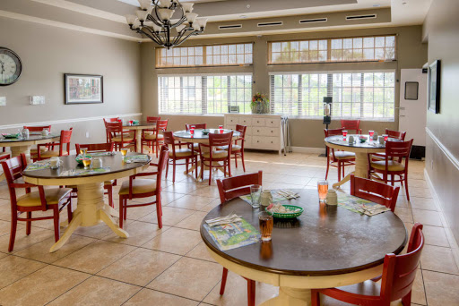 A bright and inviting dining area featuring wooden tables and red chairs, illuminated by natural light from large windows.