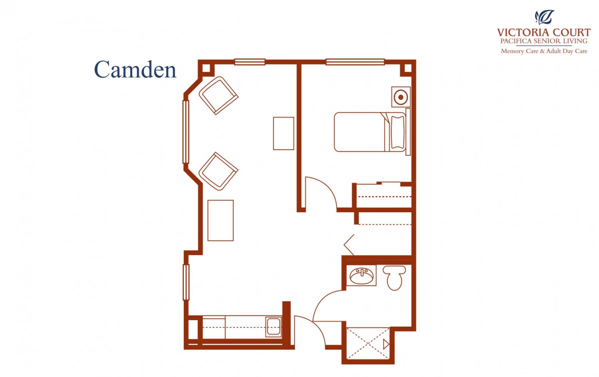 A floor plan of a one-bedroom apartment, featuring a living area, bedroom, and bathroom.