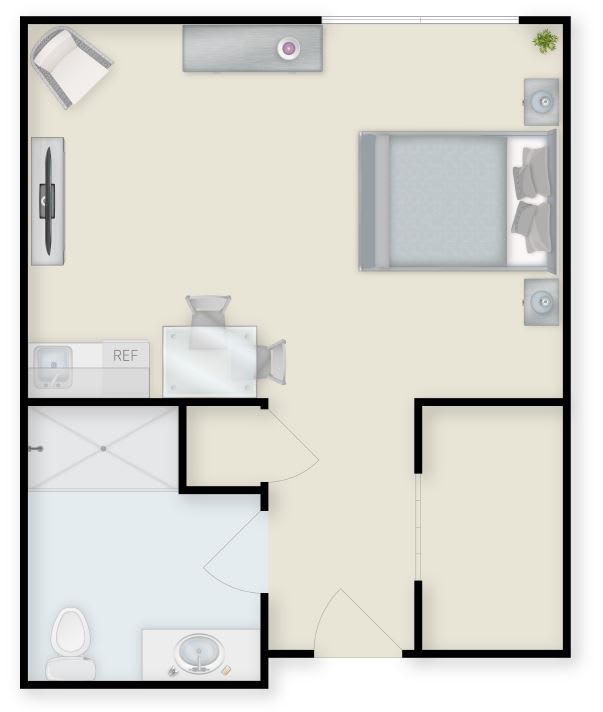 A simple floor plan layout featuring a bedroom and bathroom.