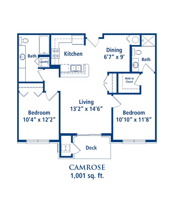 Floor plan of a two-bedroom apartment with a living room, dining area, kitchen, and two bathrooms.