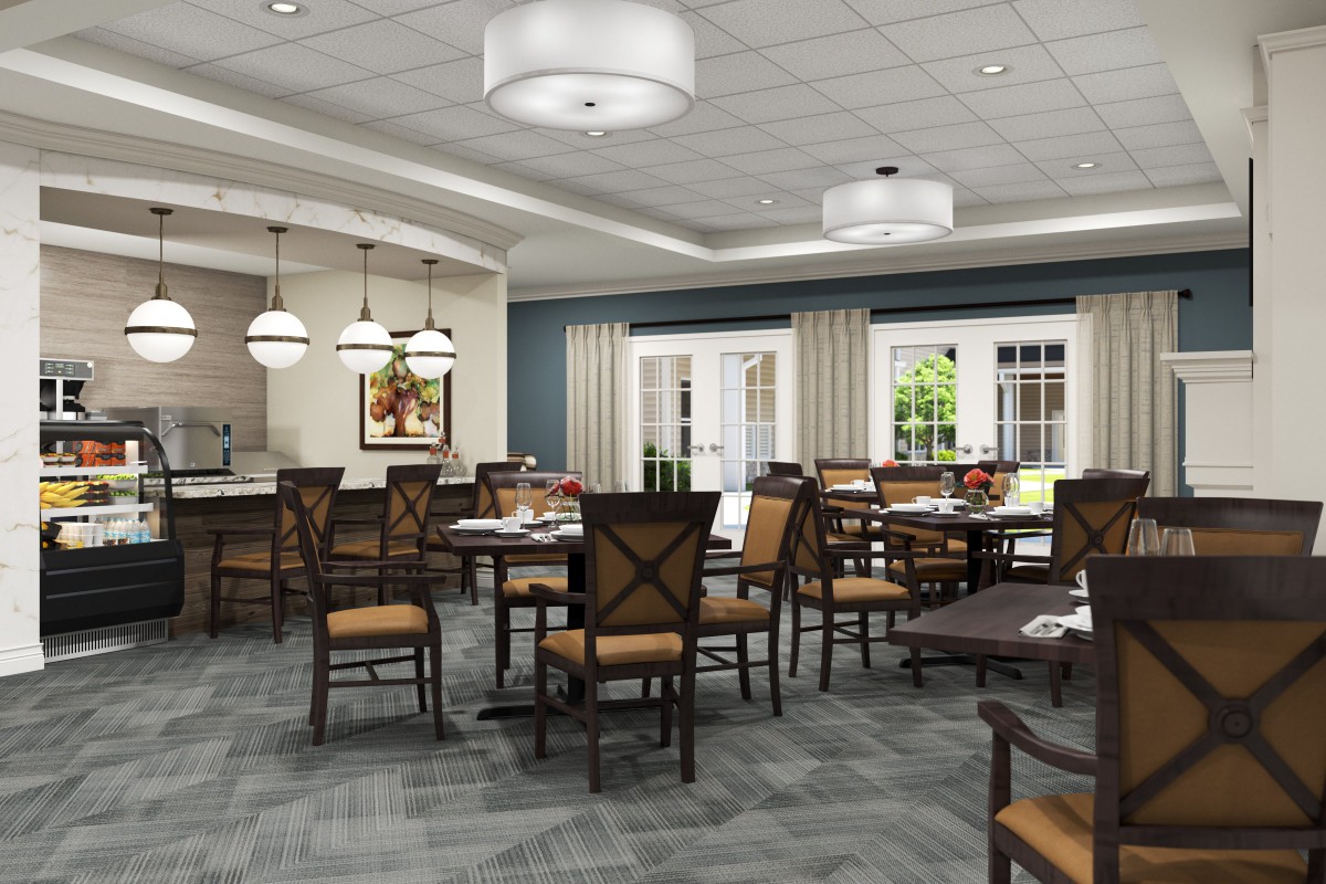 A spacious and elegantly designed dining room with multiple tables and chairs, featuring modern lighting and decor.
