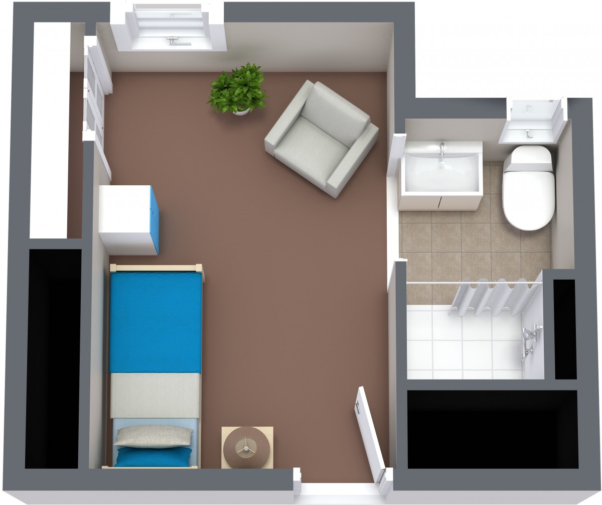 A compact apartment layout featuring a bedroom and bathroom with essential furniture arrangements.
