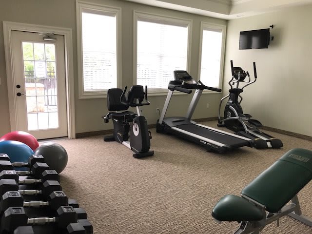 A home gym equipped with a treadmill, elliptical, stationary bike, and dumbbells.