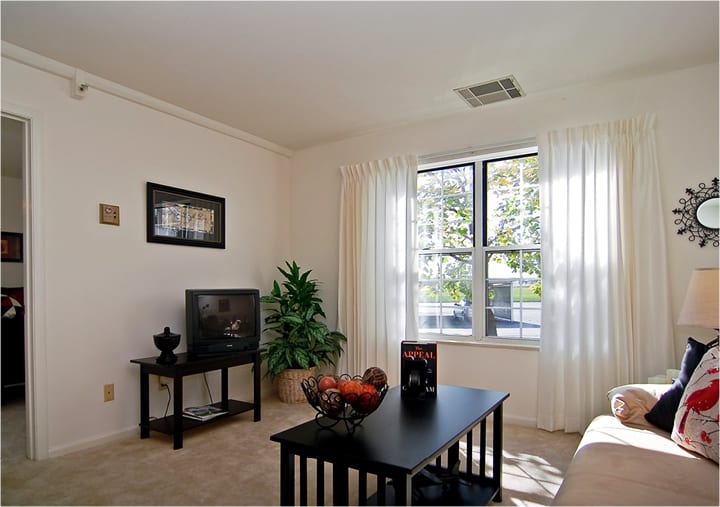 A cozy living room with a television, coffee table, and large window letting in natural light.