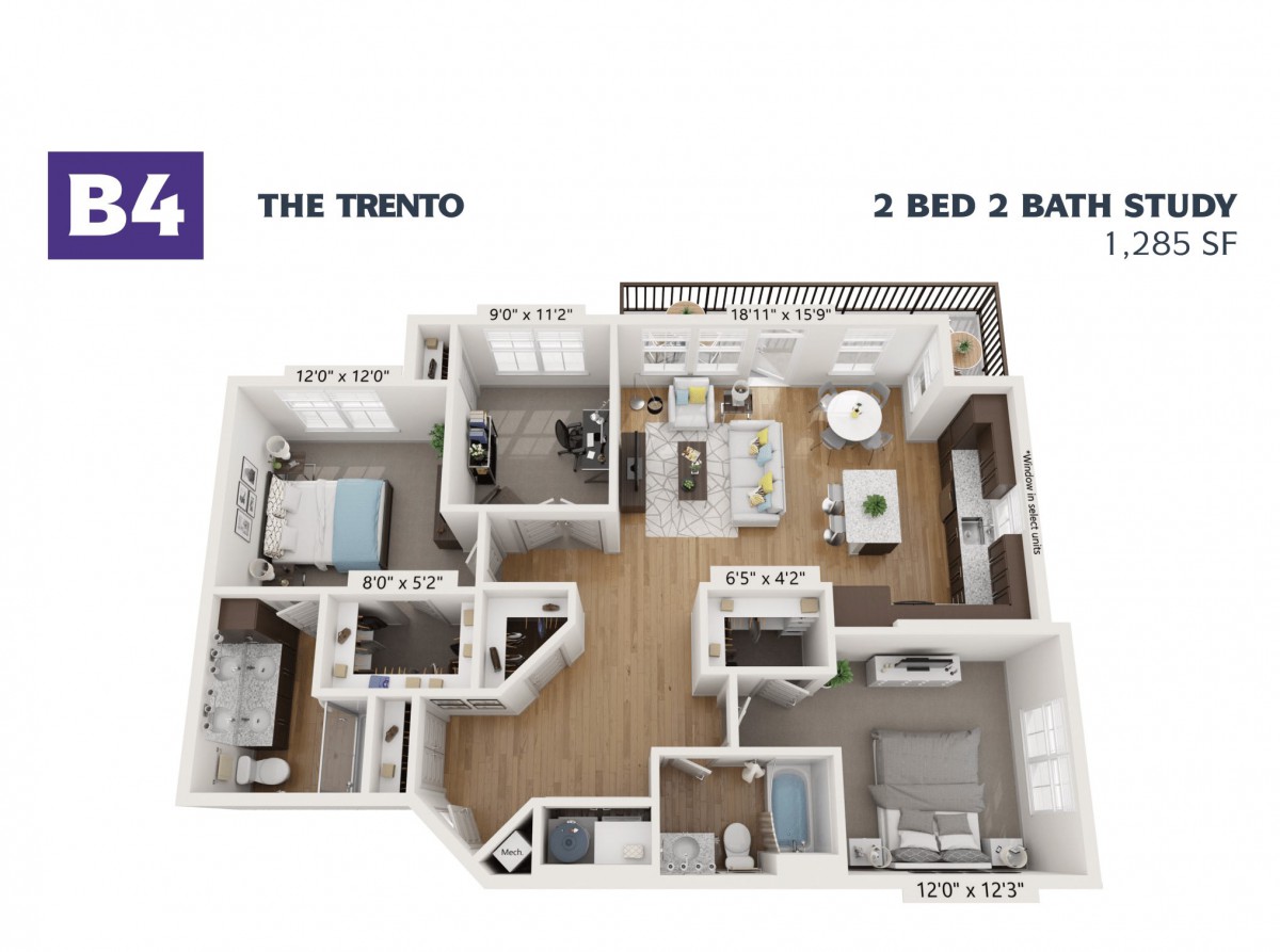 3D floor plan of a two-bedroom, three-bathroom apartment called The Trento.