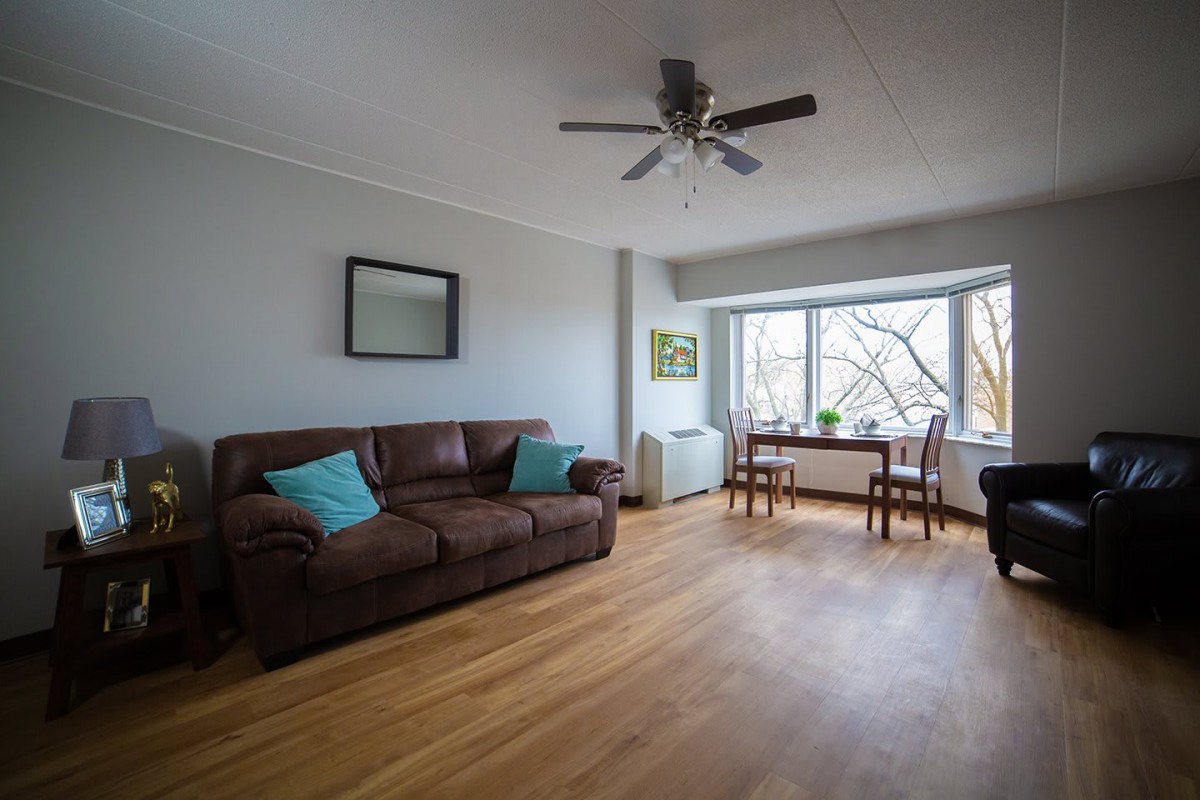 A bright and minimalist living room with a large window, featuring a brown leather sofa, hardwood floors, and a ceiling fan.