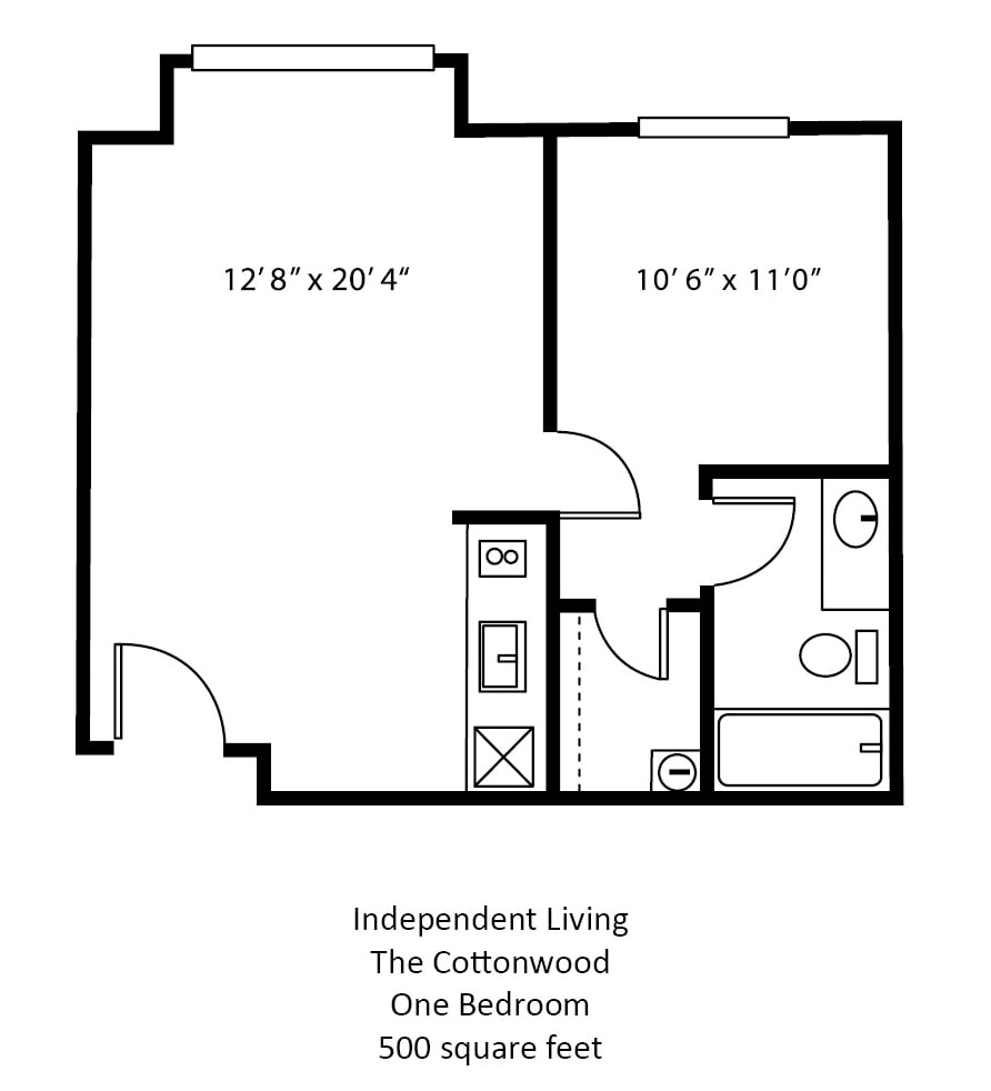 Floor plan of the Cottonwood one-bedroom independent living apartment.