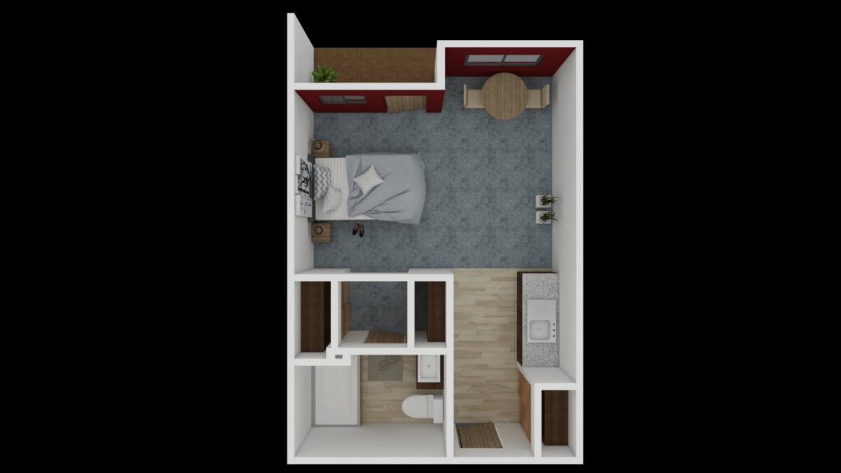 A compact one-bedroom apartment floor plan with a bedroom, living area, kitchen, and bathroom.