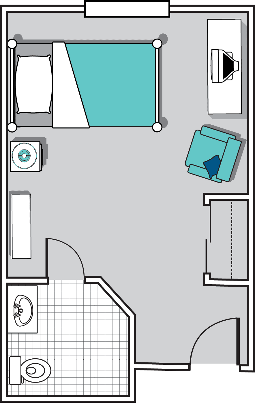 A floor plan of a studio apartment showing the layout with a bed, bathroom, and seating area.