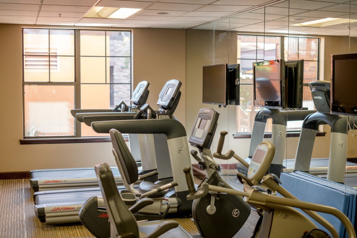 A modern gym with treadmills and cardio machines lined up for use.