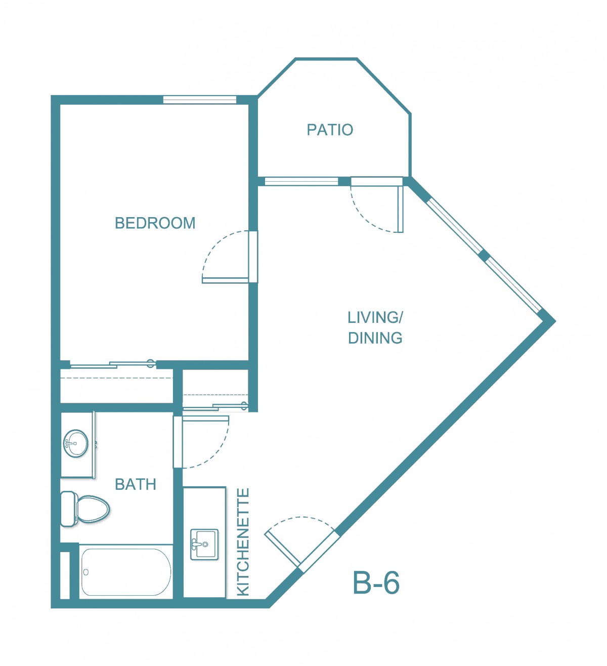 Floor plan of a one-bedroom apartment layout with a living/dining area, bathroom, and patio.