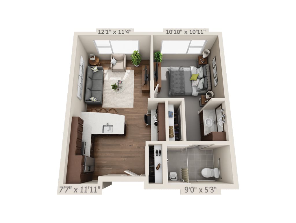A 3D floor plan of a one-bedroom apartment with an open kitchen, living room, and bathroom.