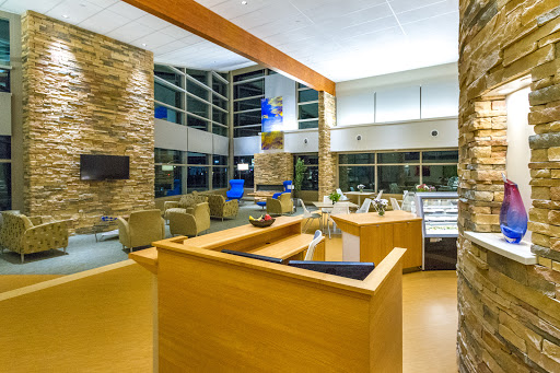 A contemporary lobby featuring a blend of wooden and stone elements, large windows allowing natural light, and comfortable seating arrangements.