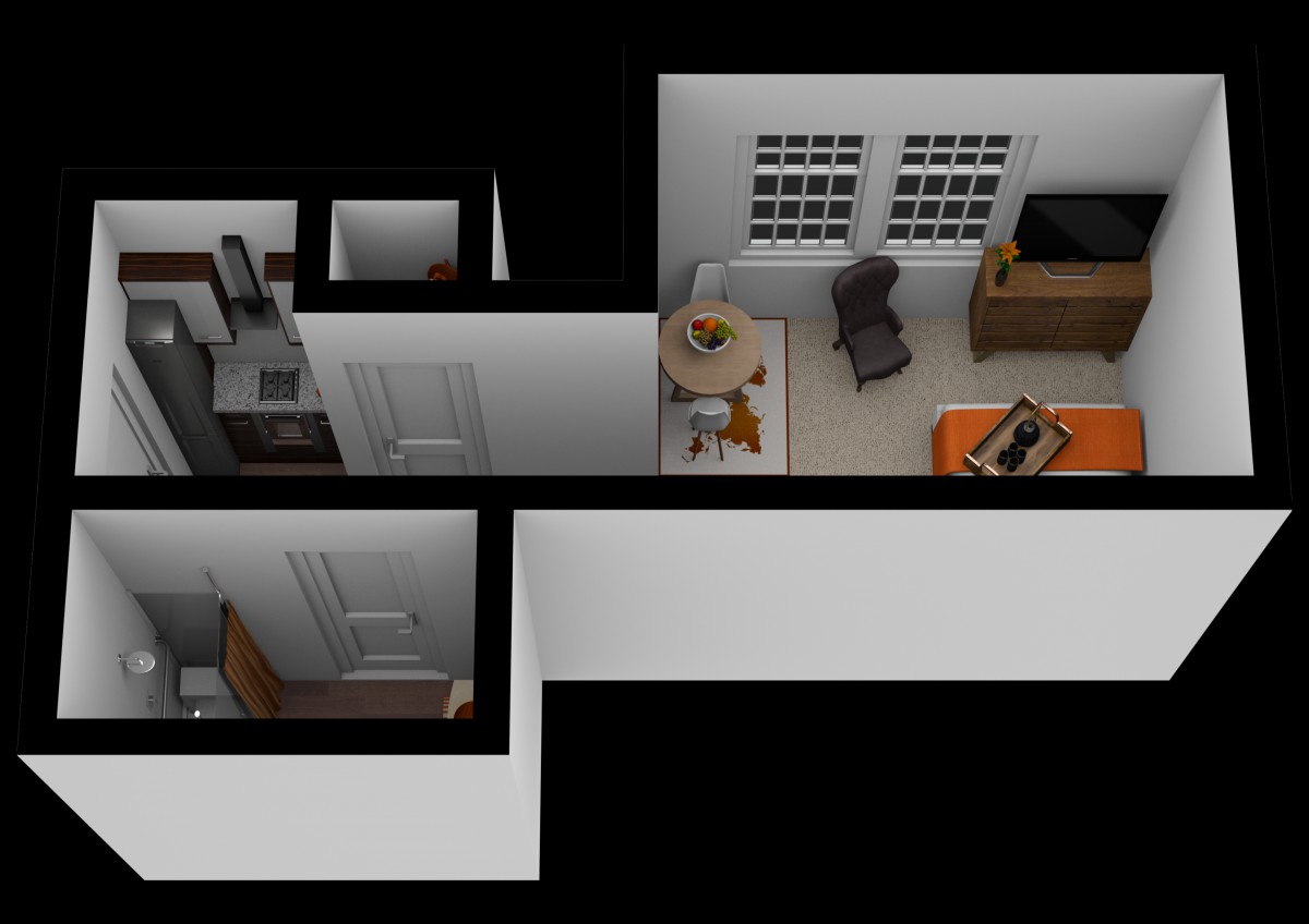 A 3D rendered floor plan showing a living room and kitchen layout with furniture placement.