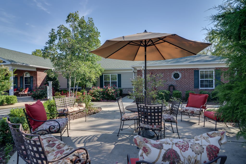 A sunny patio area with outdoor furniture and an umbrella, surrounded by a garden.