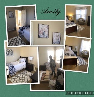 Collage of a well-decorated bedroom with stylish furniture and artwork.