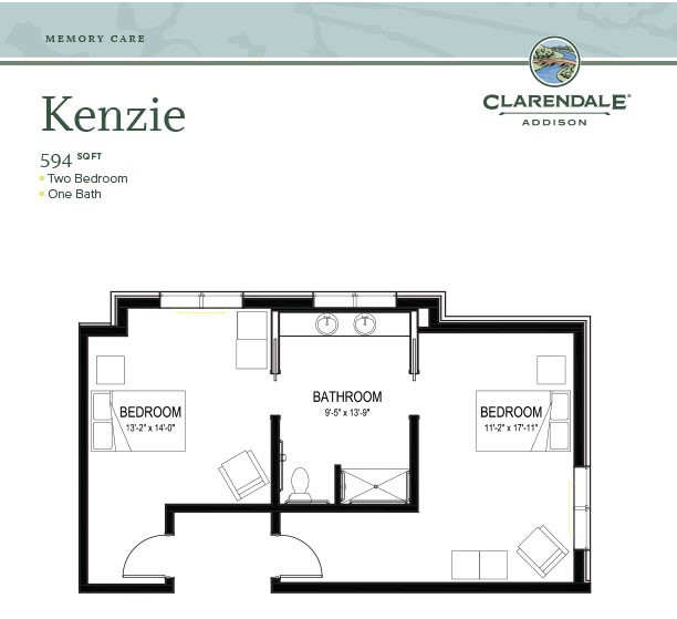 A floor plan of the Kenzie apartment showing a layout with two bedrooms and one bathroom.