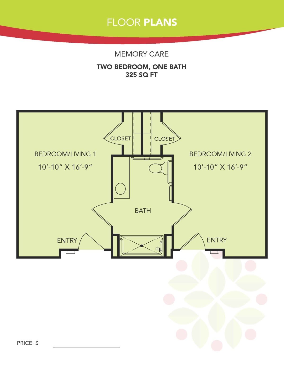 A floor plan of a memory care unit with two bedrooms and one bathroom.