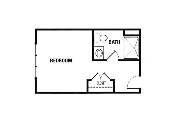 A simple floor plan featuring a bedroom with an adjacent bathroom and closet.