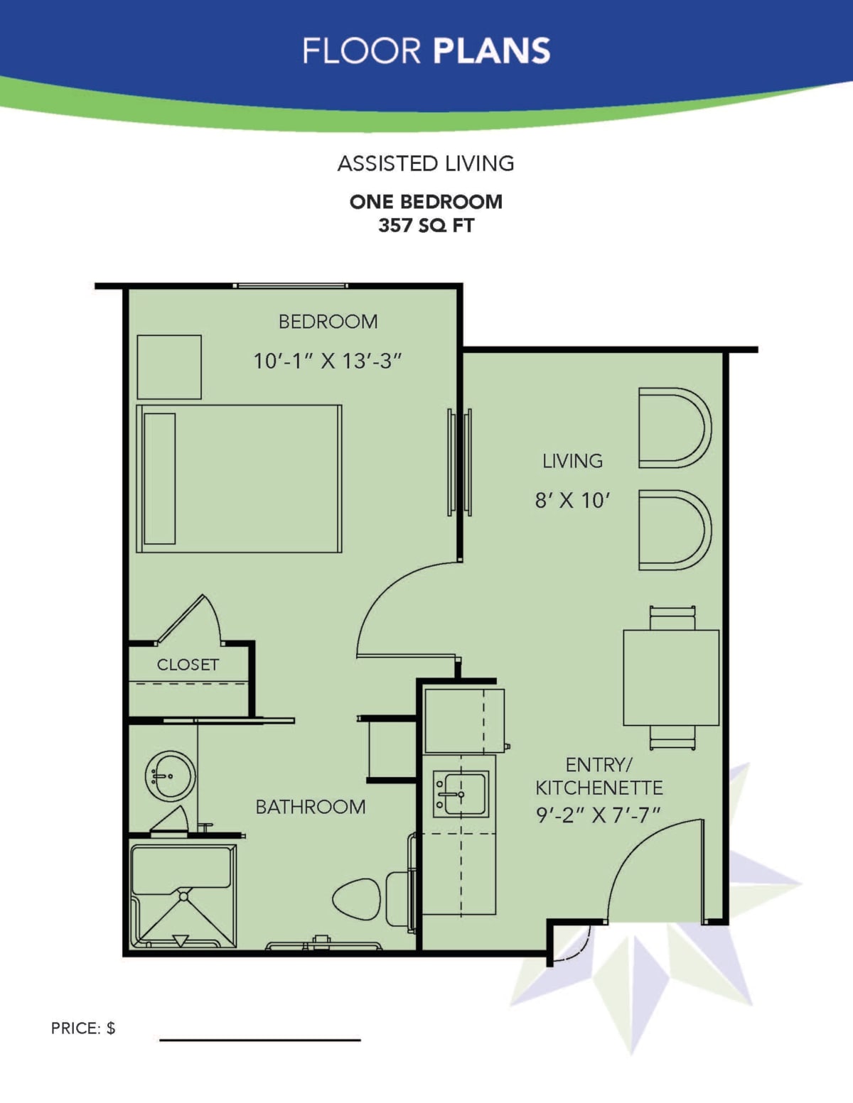 Floor plan of a one-bedroom assisted living apartment measuring 557 sq ft.
