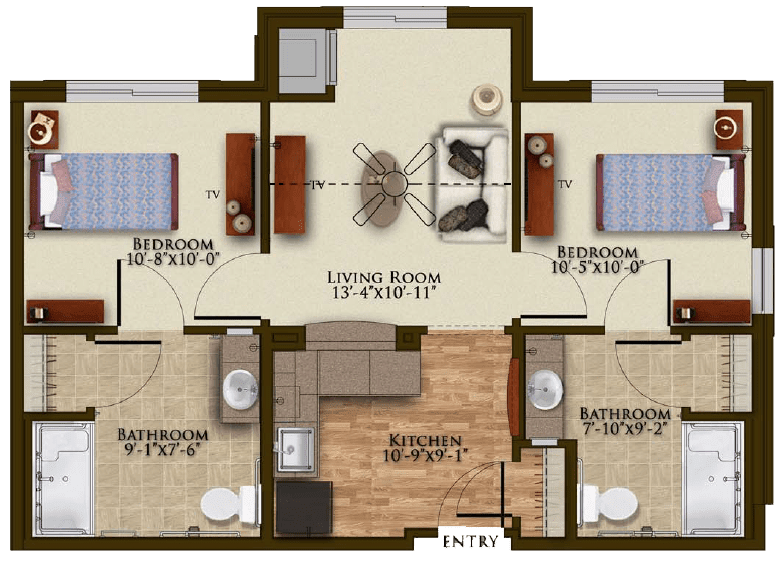 A floor plan of a two-bedroom apartment featuring a living room, kitchen, and bathrooms.