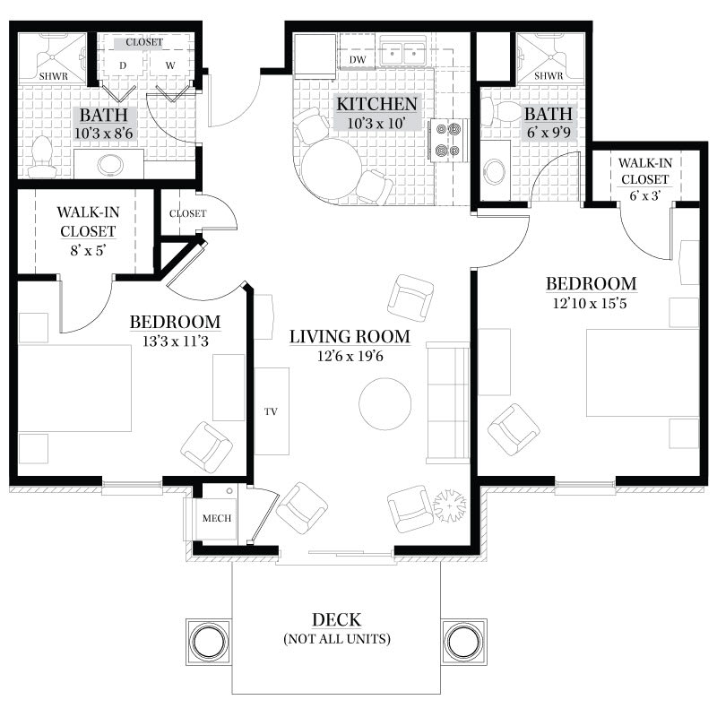 A floor plan of a two-bedroom apartment featuring a living room, kitchen, deck, two bathrooms, and closets.