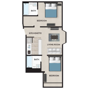 Floor plan of an apartment with two bedrooms, two bathrooms, a living room, and a kitchen.