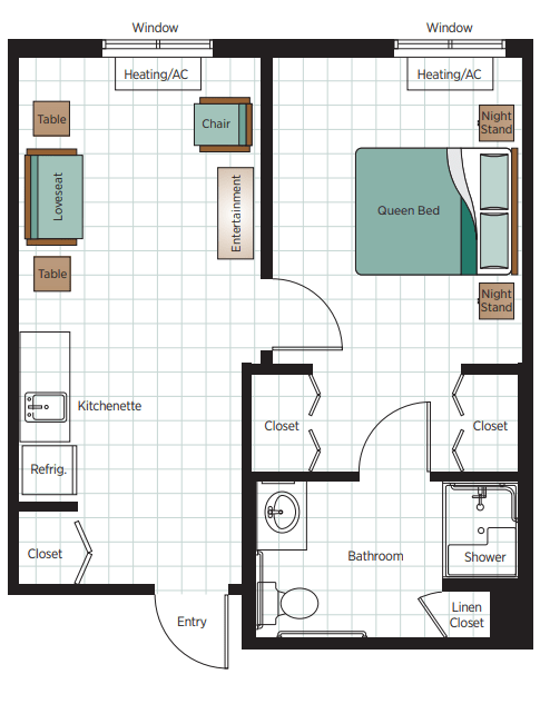 A floor plan showing a layout of an apartment with living room, bedroom, kitchen, and bathroom.