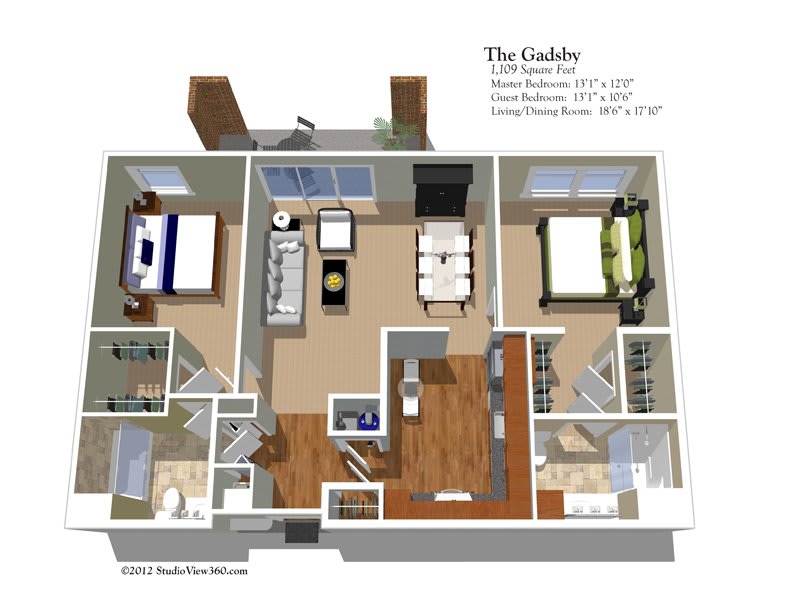 A detailed floor plan of a two-bedroom apartment, labeled 'The Gatsby,' showcasing room sizes and furniture arrangement.