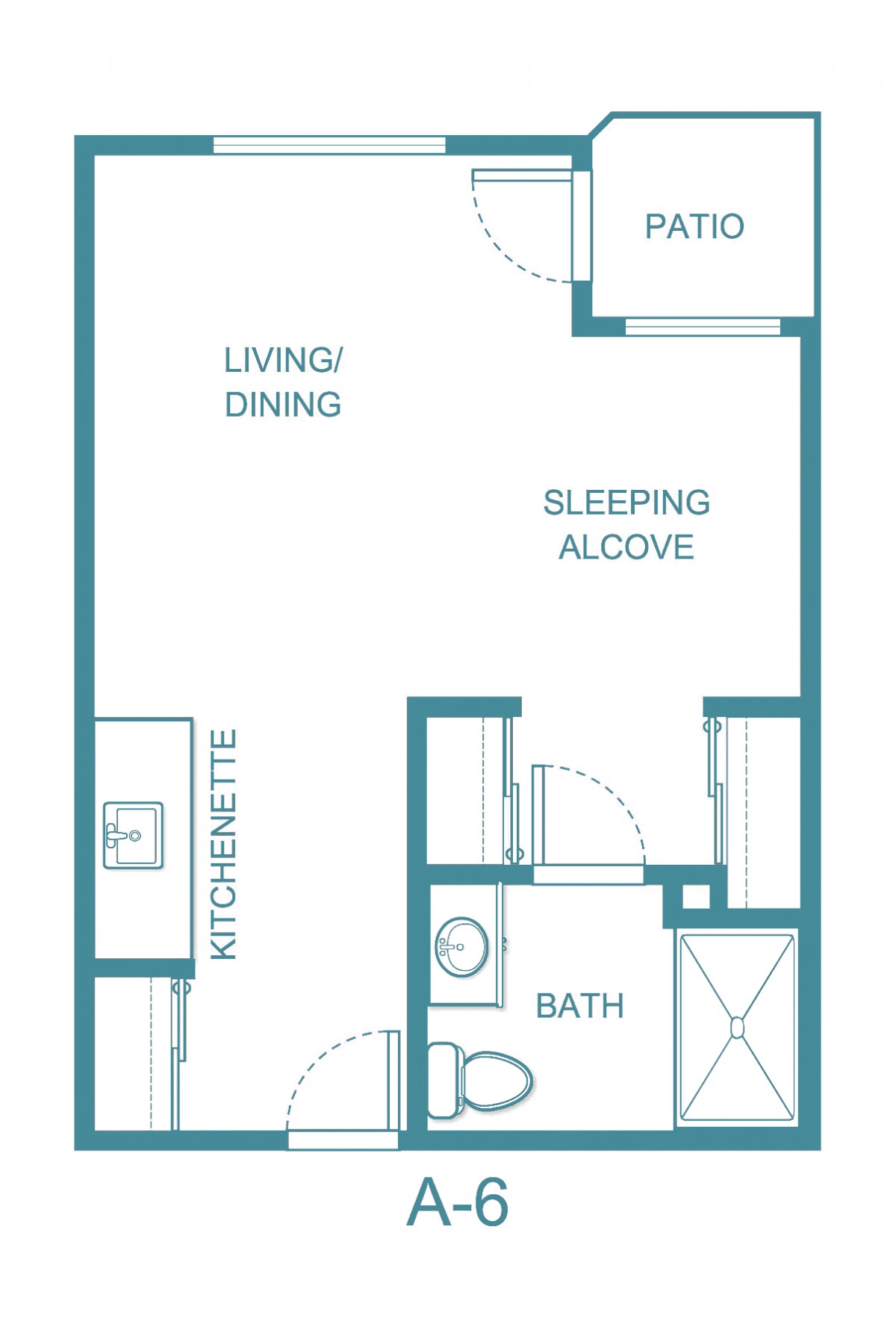 Studio apartment floor plan featuring a kitchenette, sleeping alcove, living/dining area, and bath.