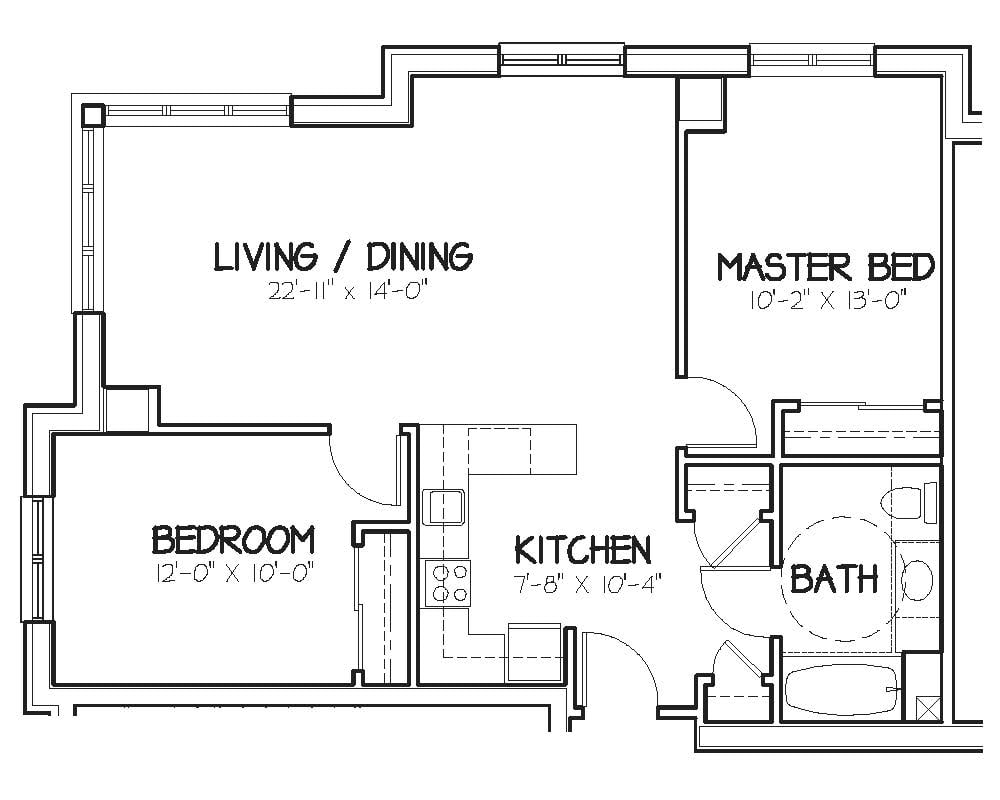 A floor plan of a residential apartment showing the layout of rooms including living/dining area, master bedroom, additional bedroom, kitchen, and bathroom.