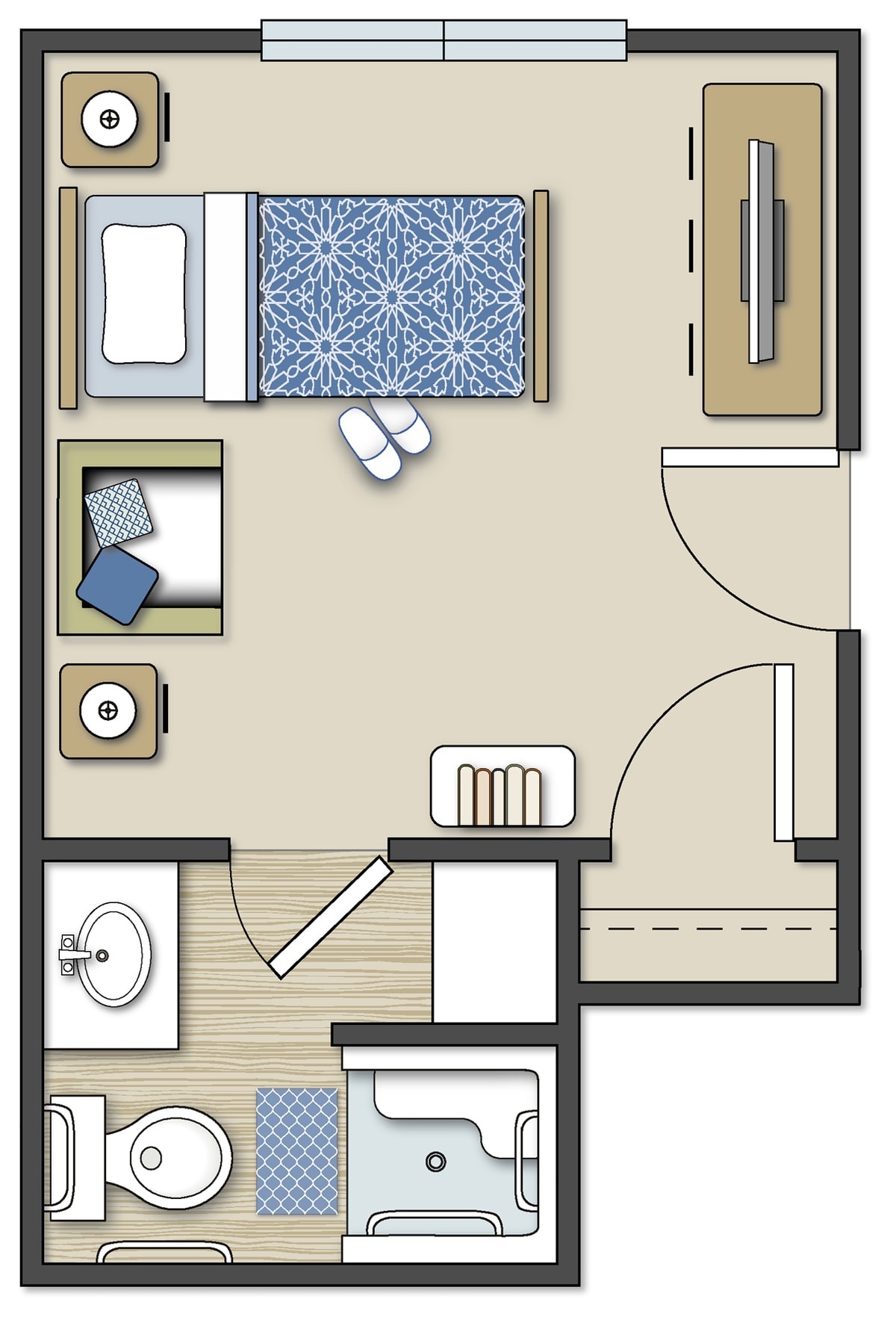 A compact floor plan of a bedroom with an attached bathroom.